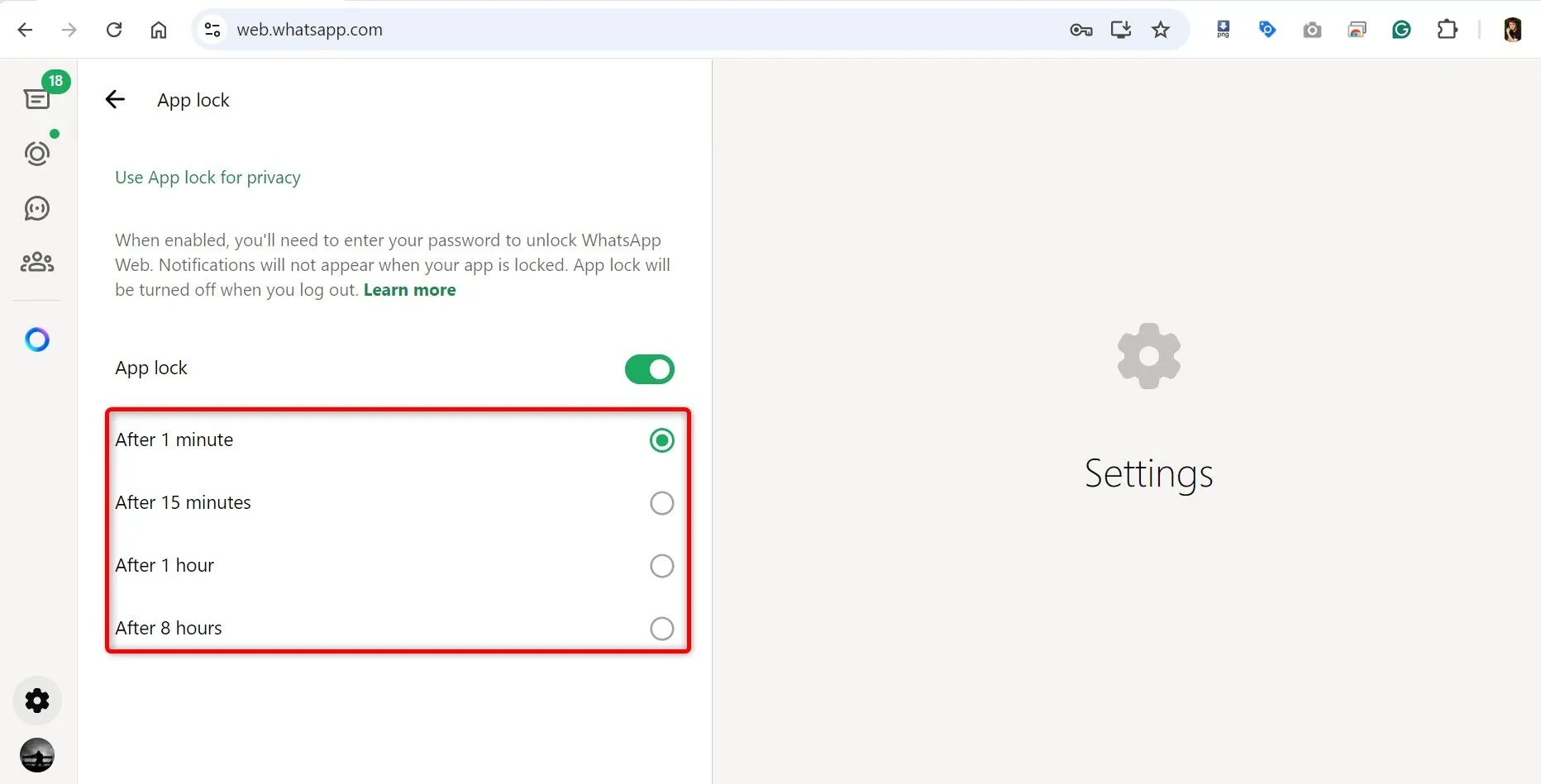 Các tùy chọn thời gian tự động khóa cho WhatsApp Web