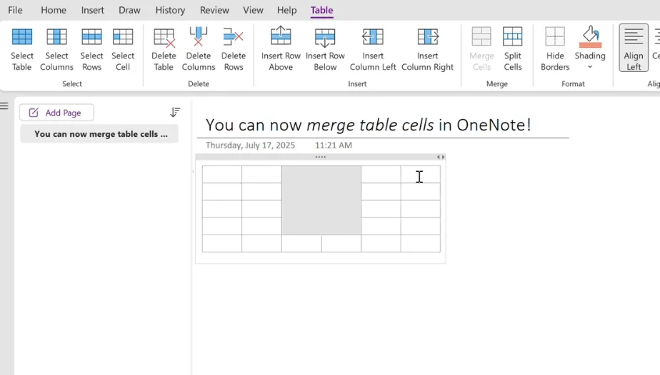Cách gộp ô trong bảng Microsoft OneNote qua menu ngữ cảnh