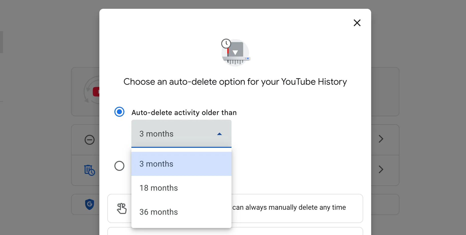 Cài đặt tự động xóa lịch sử xem YouTube sau 3, 18 hoặc 36 tháng.