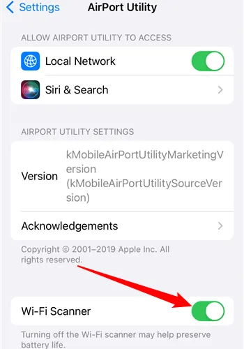 Cài đặt ứng dụng AirPort Utility trên iPhone, bật chức năng &quot;Wi-Fi Scanner&quot; để quét kênh.