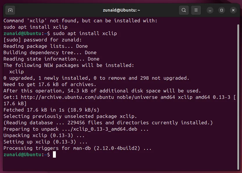 Cài đặt xclip trên Ubuntu 24.04 LTS bằng trình quản lý gói apt.