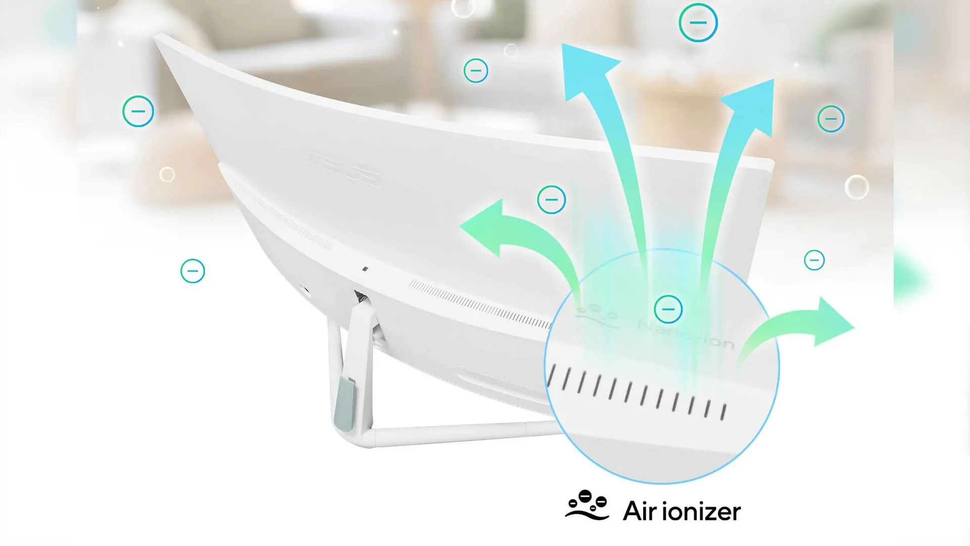 Cận cảnh màn hình ASUS Air Ionizer hiển thị công nghệ ion hóa không khí.