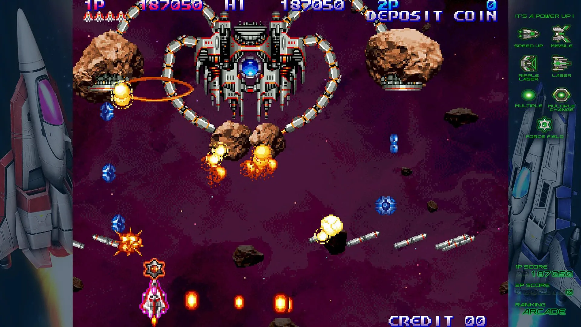 Cảnh bay trong không gian đầy rẫy chướng ngại vật của Gradius Origins.