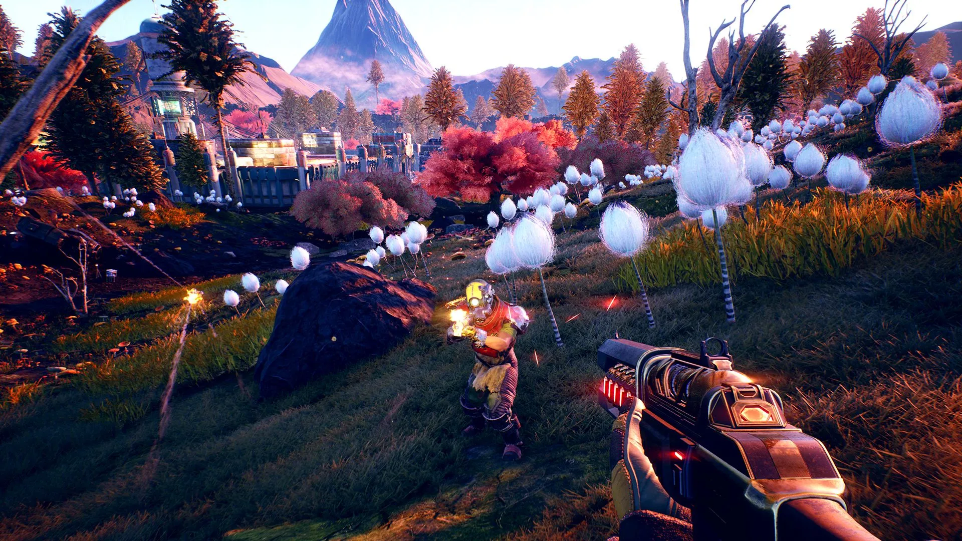 Cảnh chiến đấu góc nhìn thứ nhất với súng trong game The Outer Worlds.