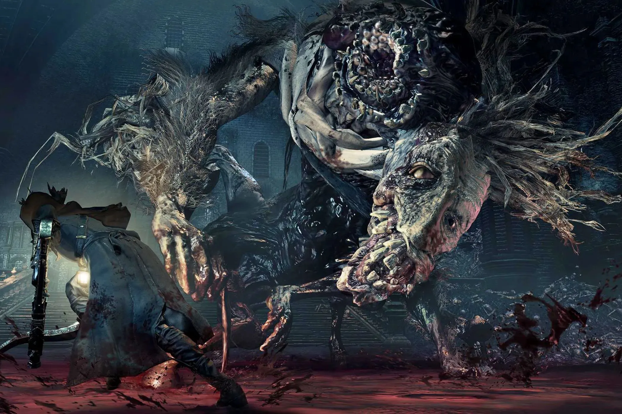 Cảnh chiến đấu kịch tính trong Bloodborne, với một nhân vật đang đối đầu với một con boss quái vật khổng lồ.