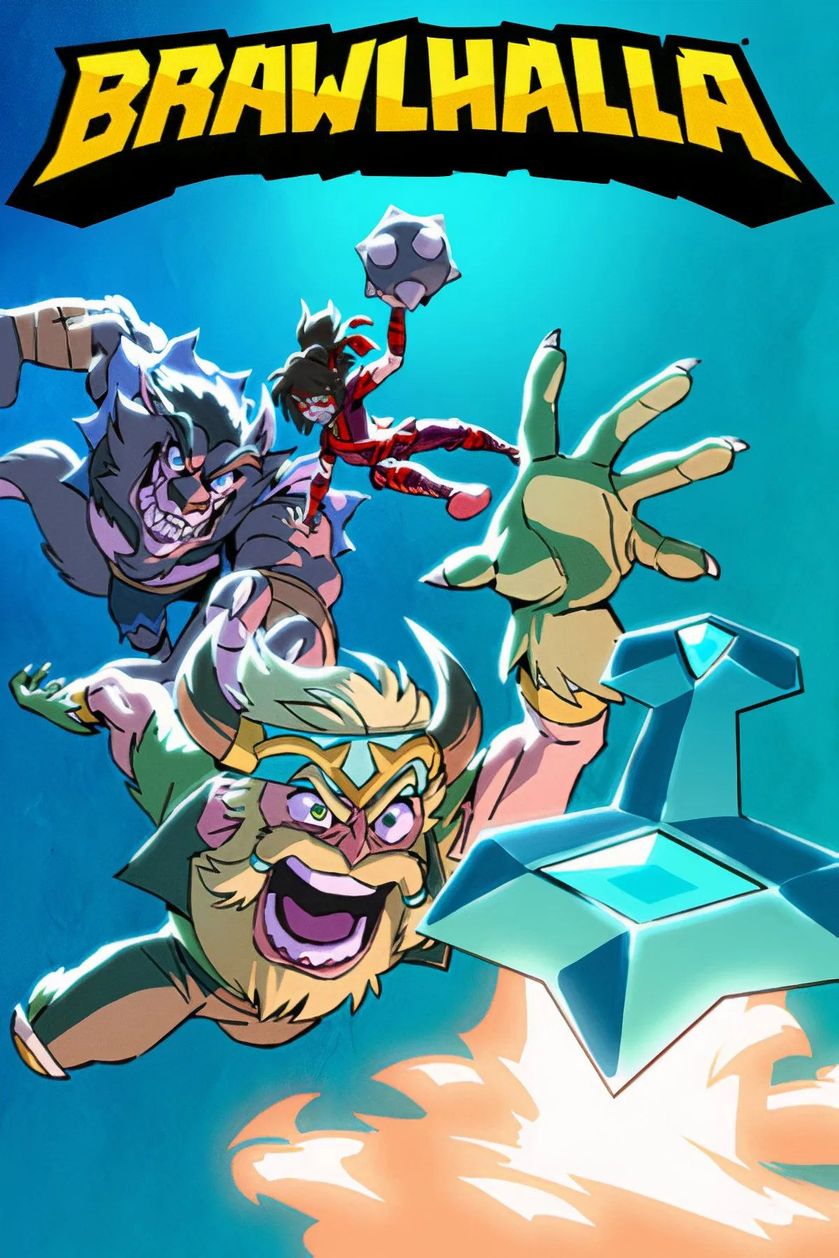 Cảnh chiến đấu trong Brawlhalla với hai nhân vật đang thực hiện combo trên một nền tảng bay lơ lửng