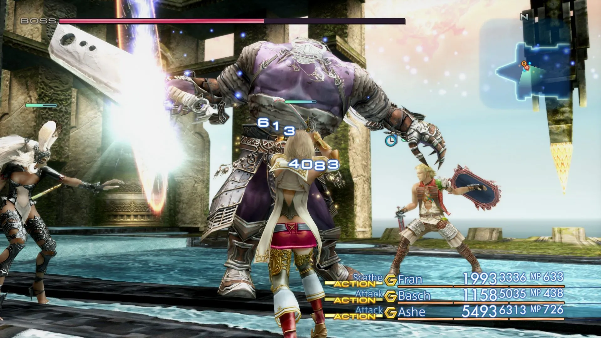Cảnh chiến đấu trong Final Fantasy XII, minh họa hệ thống Gambit độc đáo cho phép người chơi thiết lập AI cho các thành viên trong nhóm.