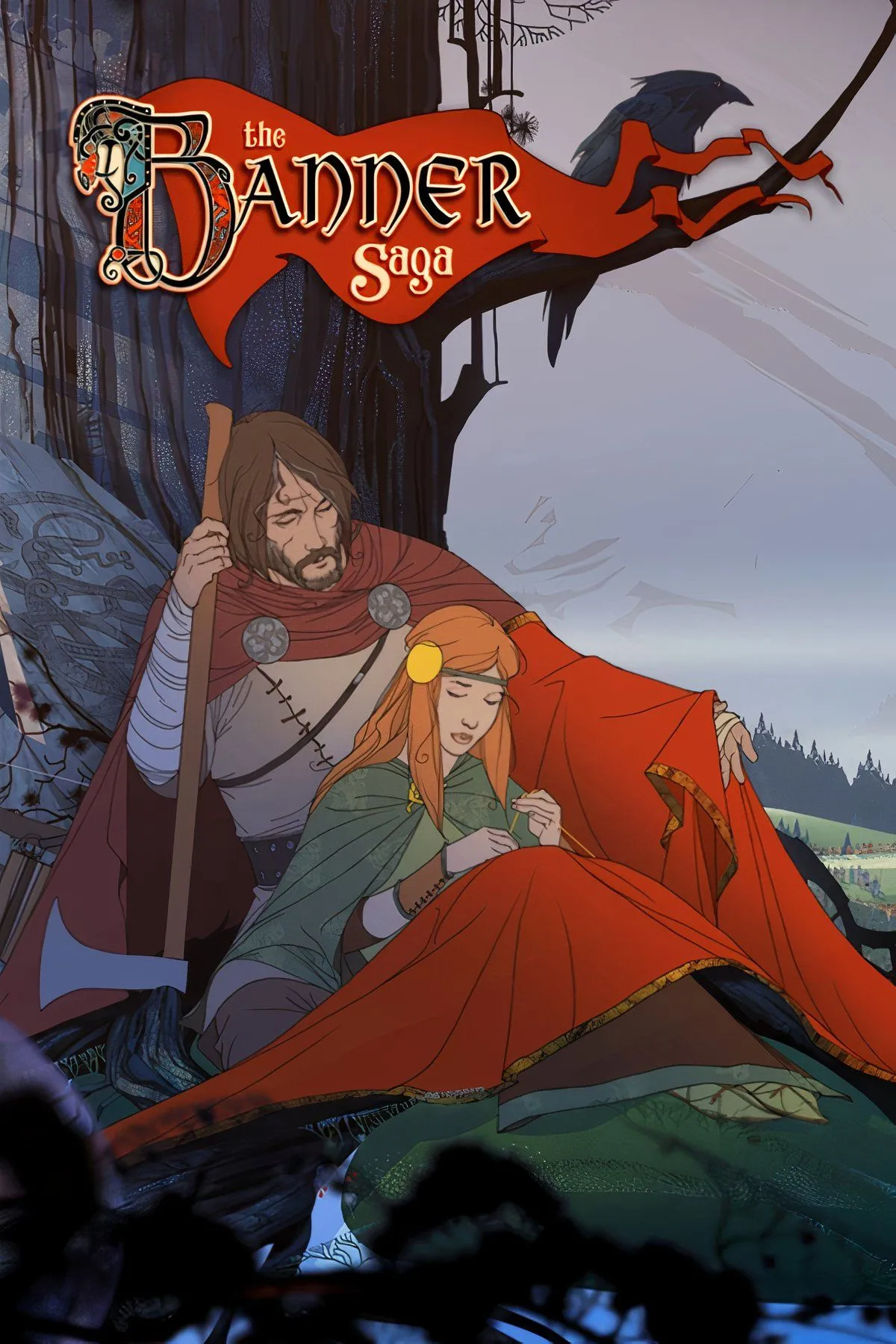 Cảnh chiến đấu và quản lý lữ hành trong The Banner Saga với đồ họa vẽ tay độc đáo