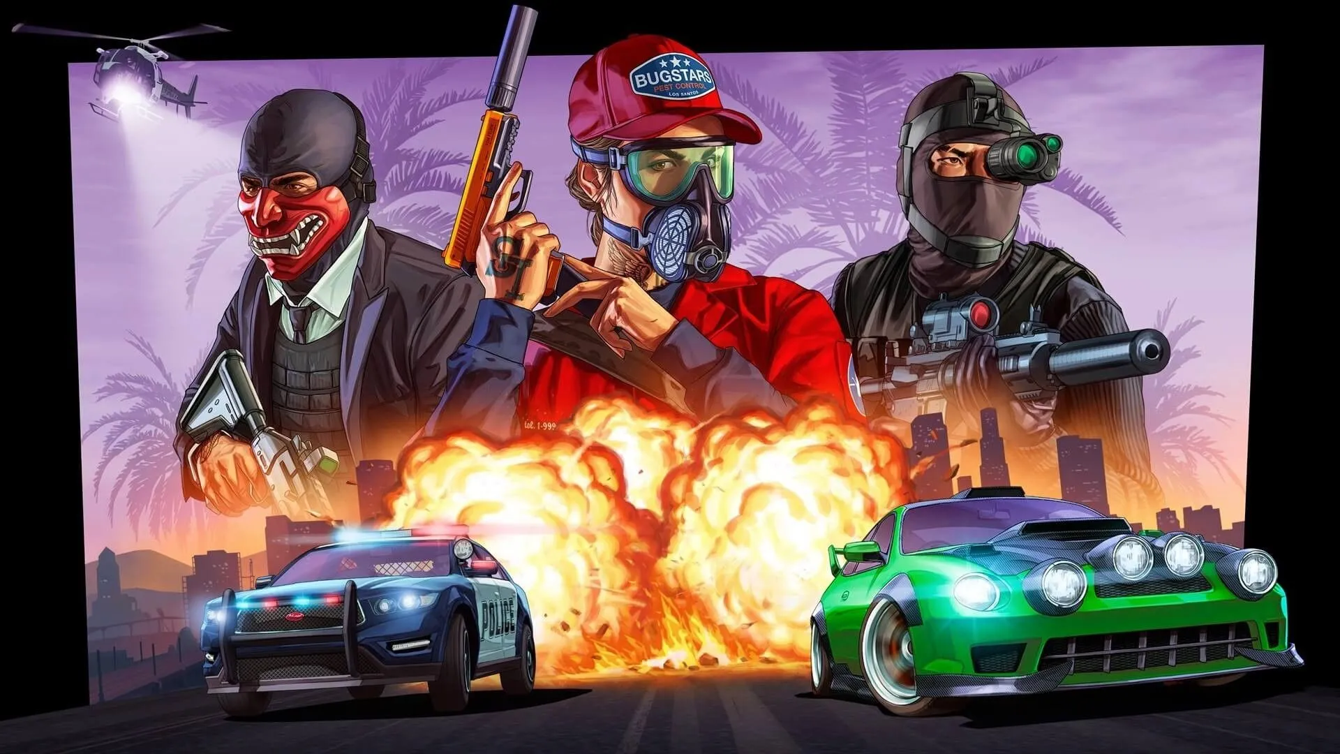 Cảnh chơi game GTA Online với các vụ nổ và ô tô, minh họa cho game nhiều người chơi.