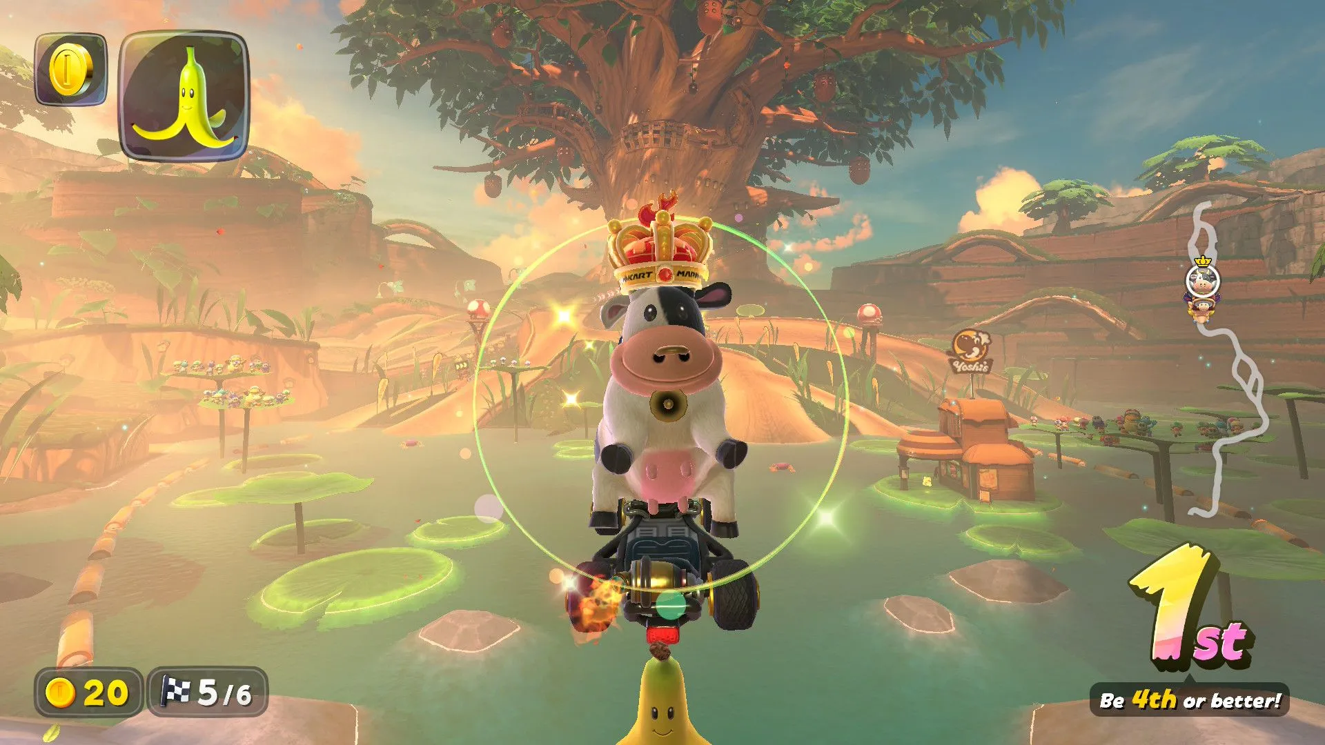 Cảnh đua xe trong game Mario Kart, với một nhân vật trong trang phục bò