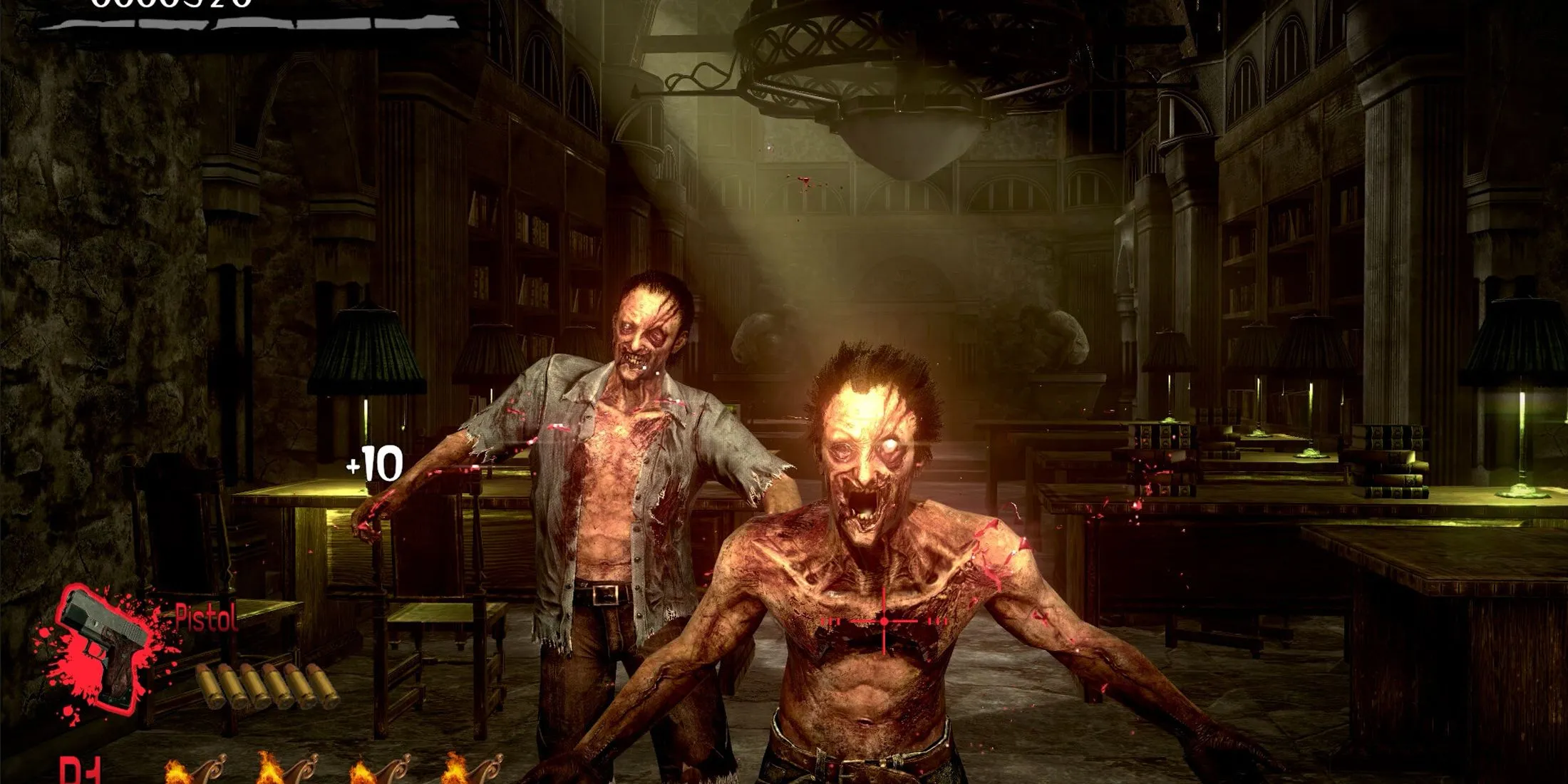 Cảnh hành động kinh dị trong The House of the Dead 2: Remake, phù hợp với thể loại bắn súng góc nhìn thứ nhất.