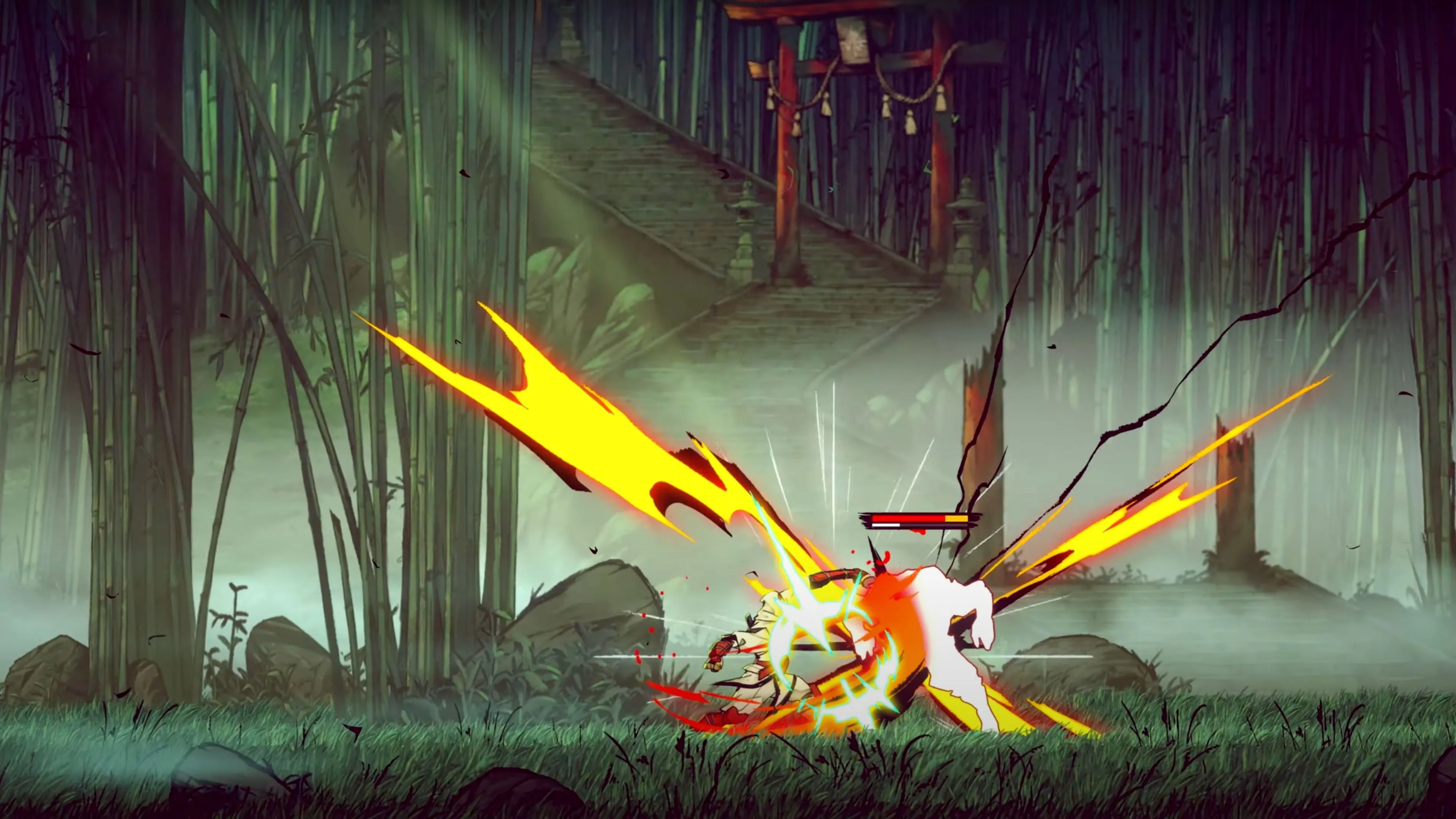 Cảnh hành động tốc độ cao của ninja trong Shinobi: Art of Vengeance, với kẻ thù và hiệu ứng tấn công.