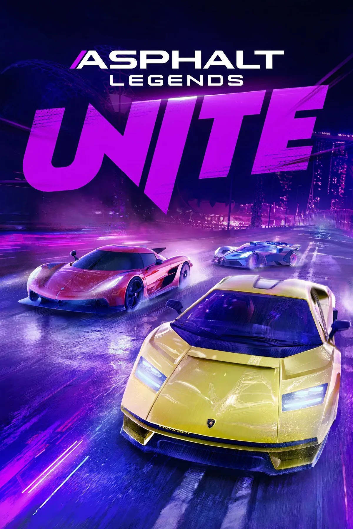 Cảnh một chiếc siêu xe đang tăng tốc trên đường đua trong Asphalt Legends Unite, thể hiện đồ họa sắc nét