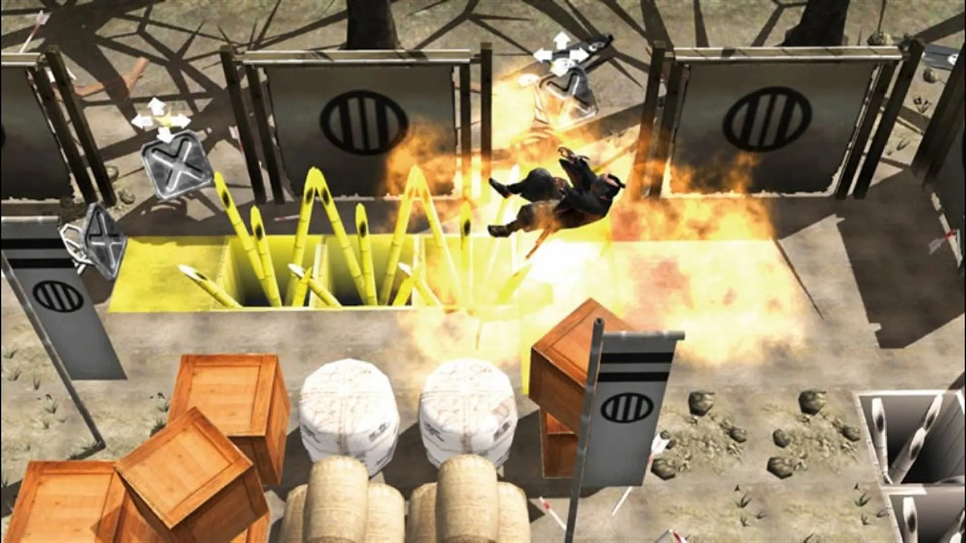 Cảnh một ninja trong game Tenchu: Shadow Assassins bị thổi bay, đối lập với lối chơi lén lút phi bạo lực để đạt thứ hạng cao nhất.