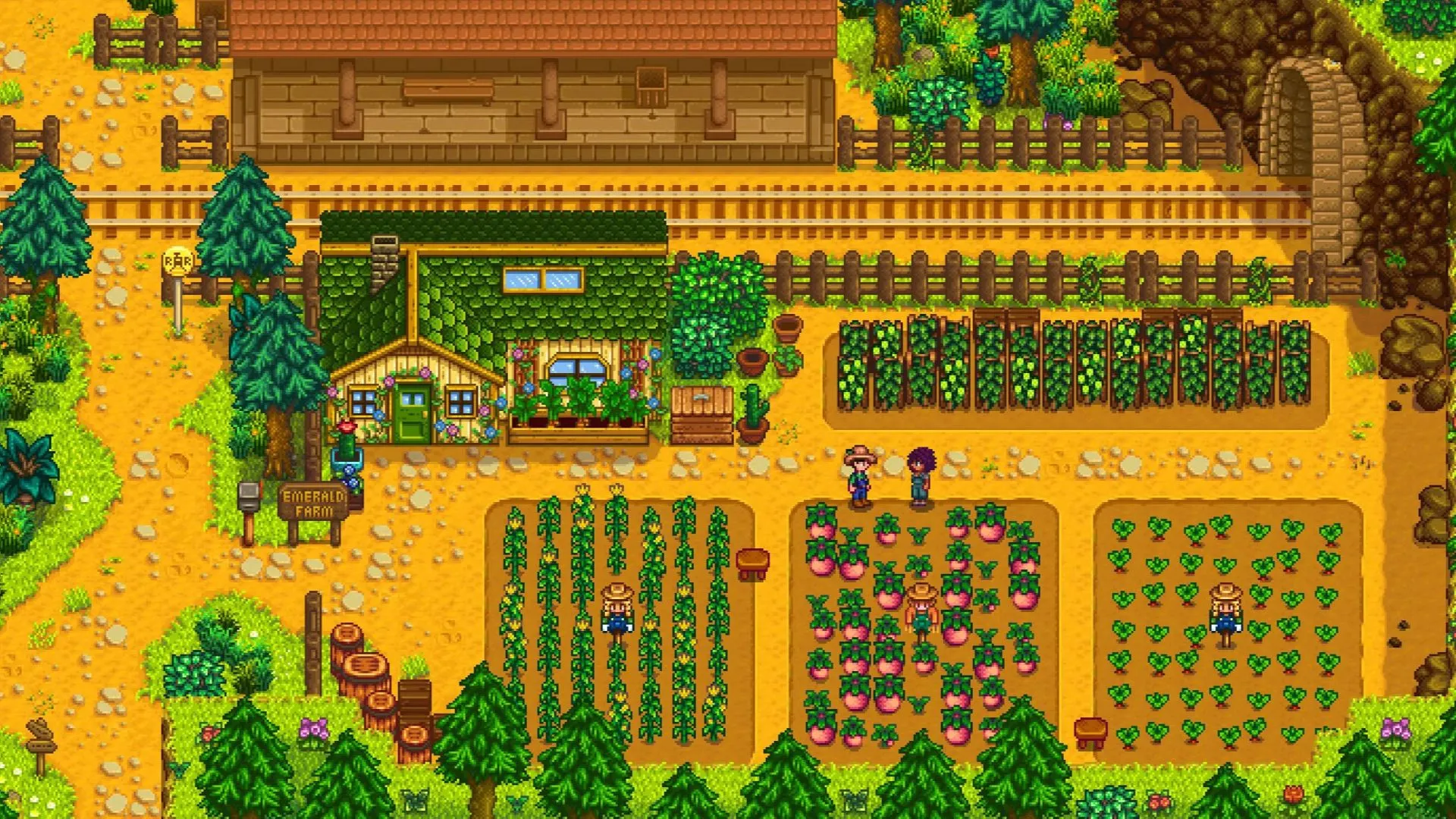 Cảnh một trang trại trong Stardew Valley với nhân vật người chơi đang nói chuyện với NPC gần các luống cây trồng.