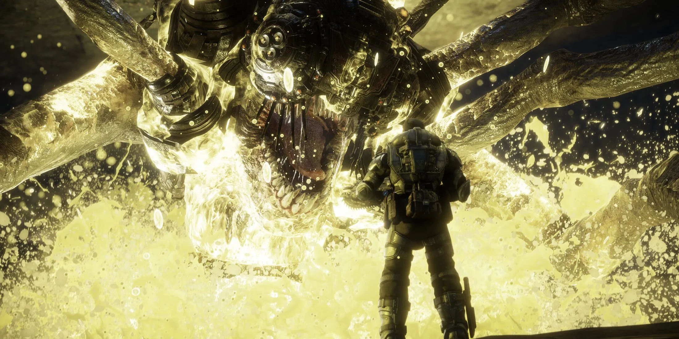Cảnh quái vật Corpser khổng lồ trong Gears of War: Reloaded, minh họa mức độ bạo lực và hành động.