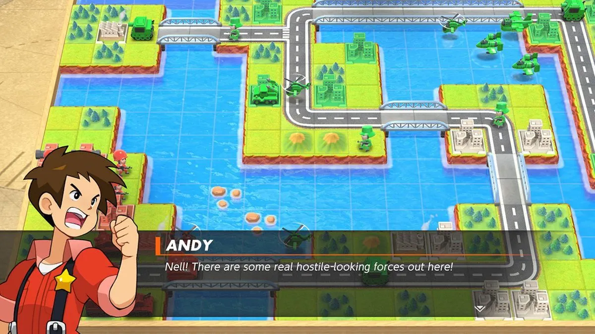 Cảnh quân đội đang tấn công trong Advance Wars 1+2 Re-Boot Camp
