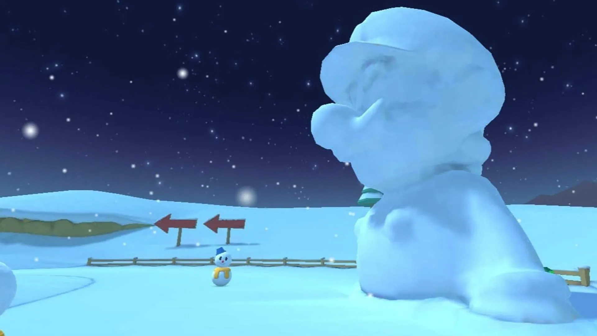 Cảnh quan Frappe Snowland trong Mario Kart Tour, một đường đua tuyết phủ với nhiều chướng ngại vật người tuyết.