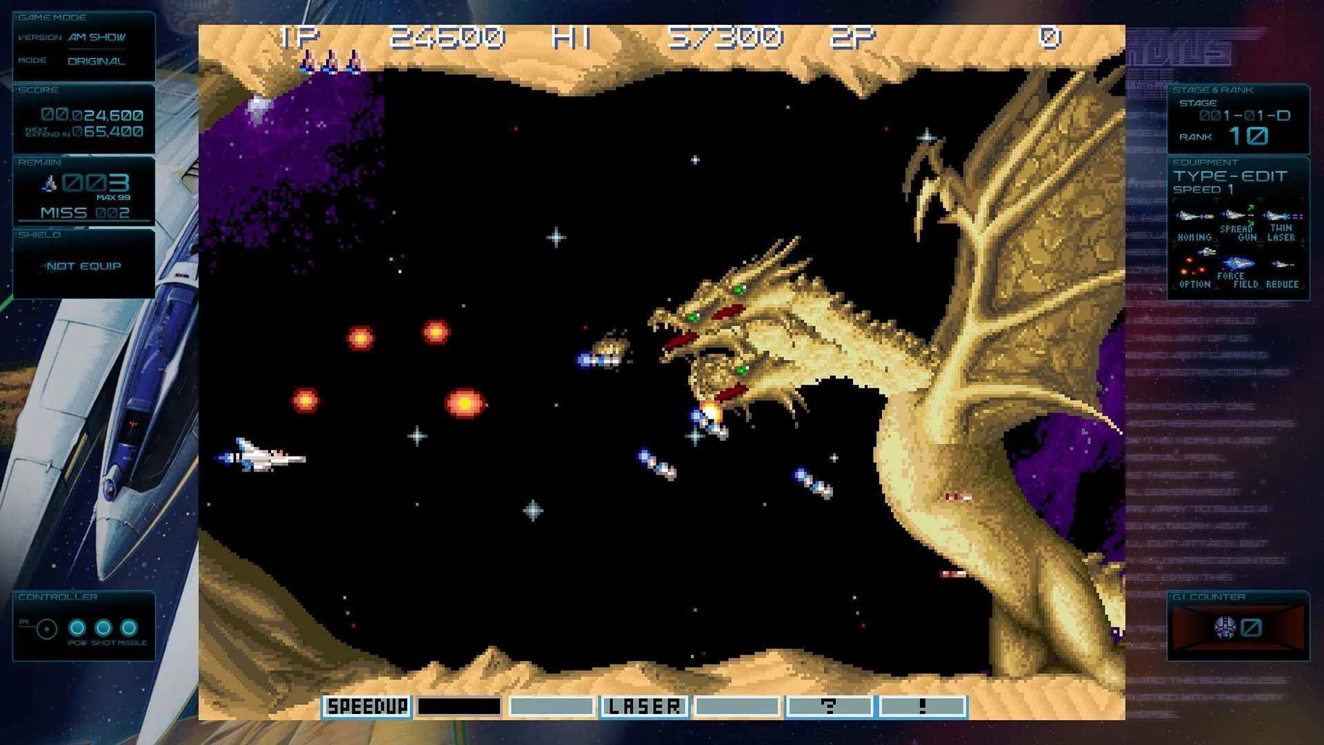 Cảnh quay từ Gradius Origins, gợi nhớ lại các game thùng thập niên 80-90.