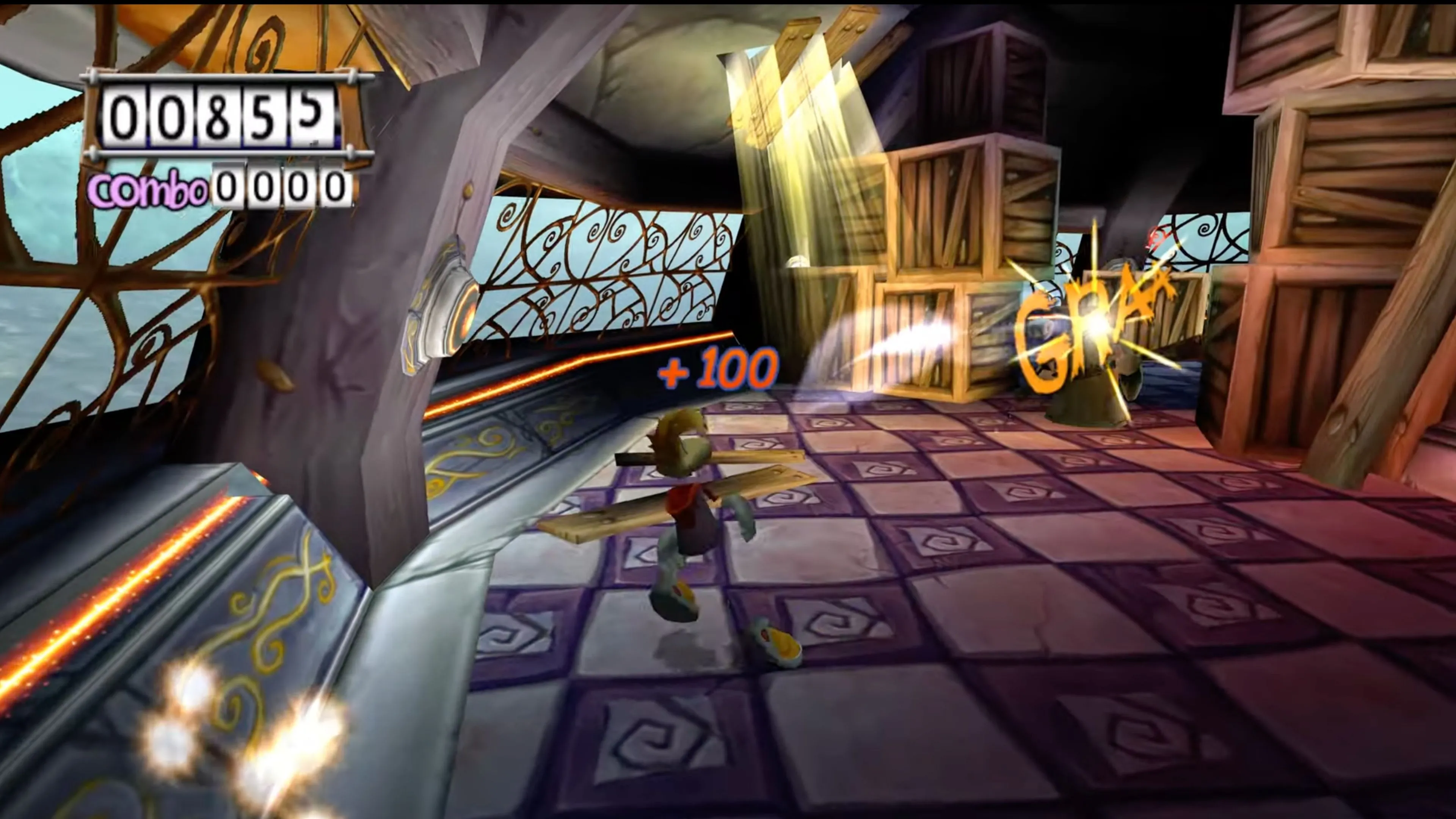 Cảnh Rayman đối mặt với kẻ thù trong Rayman 3: Hoodlum Havoc.