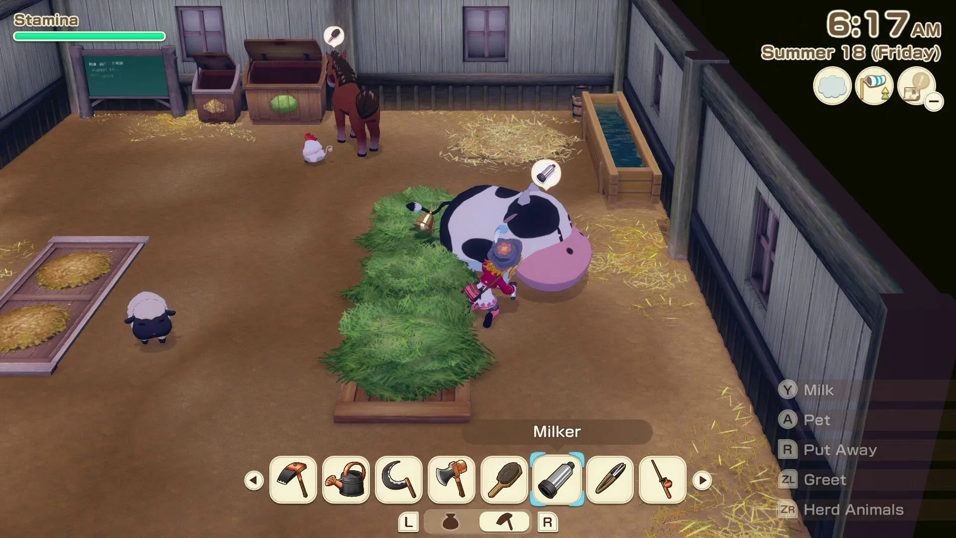 Cảnh thị trấn sầm uất trong Story of Seasons: Grand Bazaar, với các cửa hàng và nhân vật NPC.
