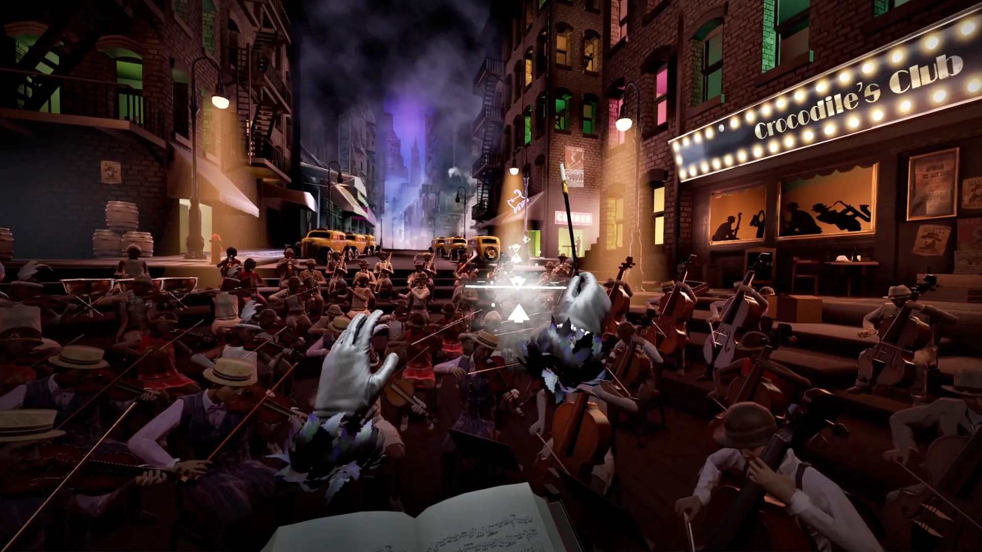 Cảnh tượng dàn nhạc jazz biểu diễn trên đường phố New York trong game VR Maestro, minh họa sự đa dạng trải nghiệm trong thế giới ảo.