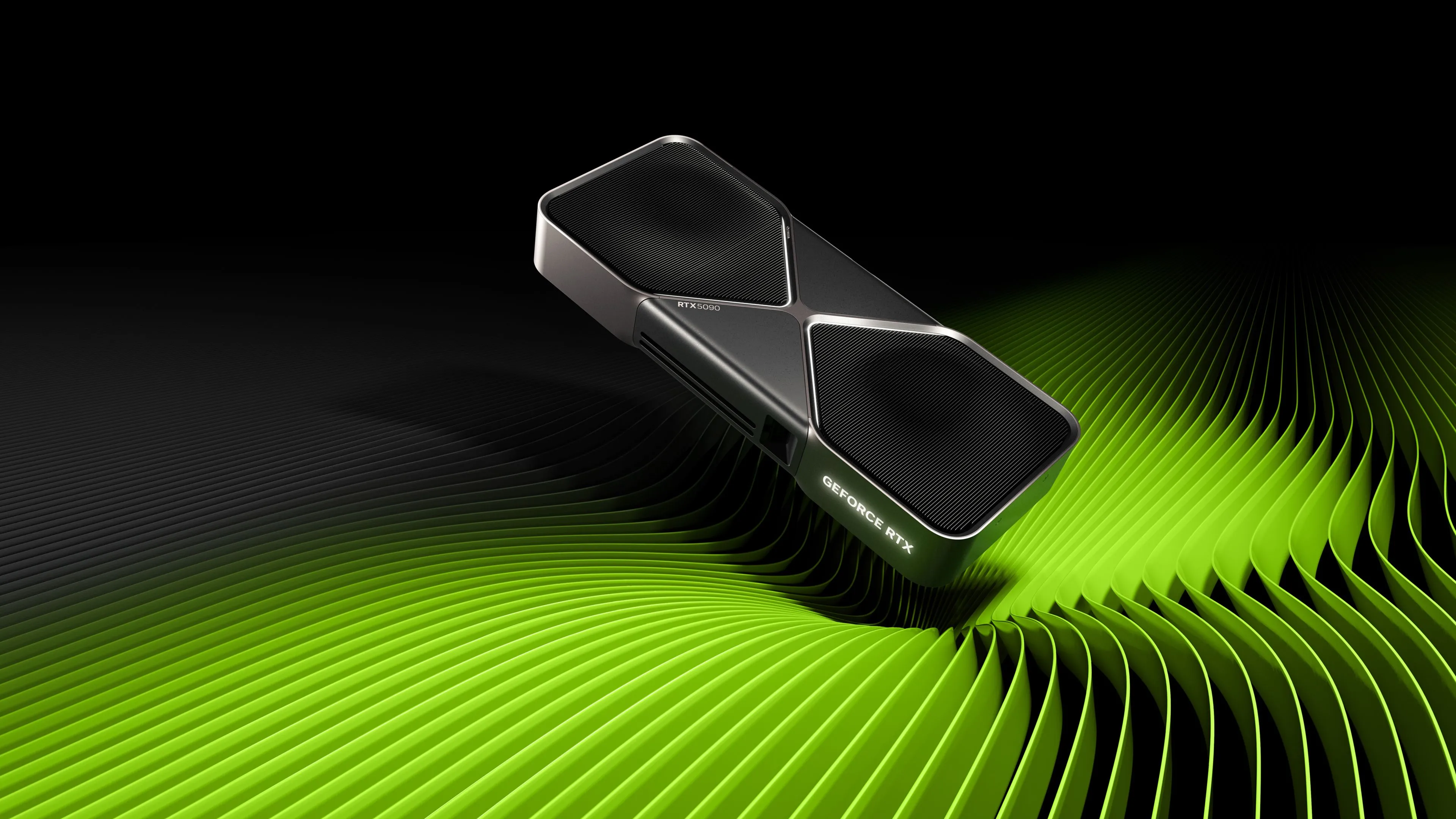 Card đồ họa NVIDIA GeForce RTX 5090 với thiết kế quạt tản nhiệt kép và logo GeForce RTX phát sáng, đặt trong môi trường tối.