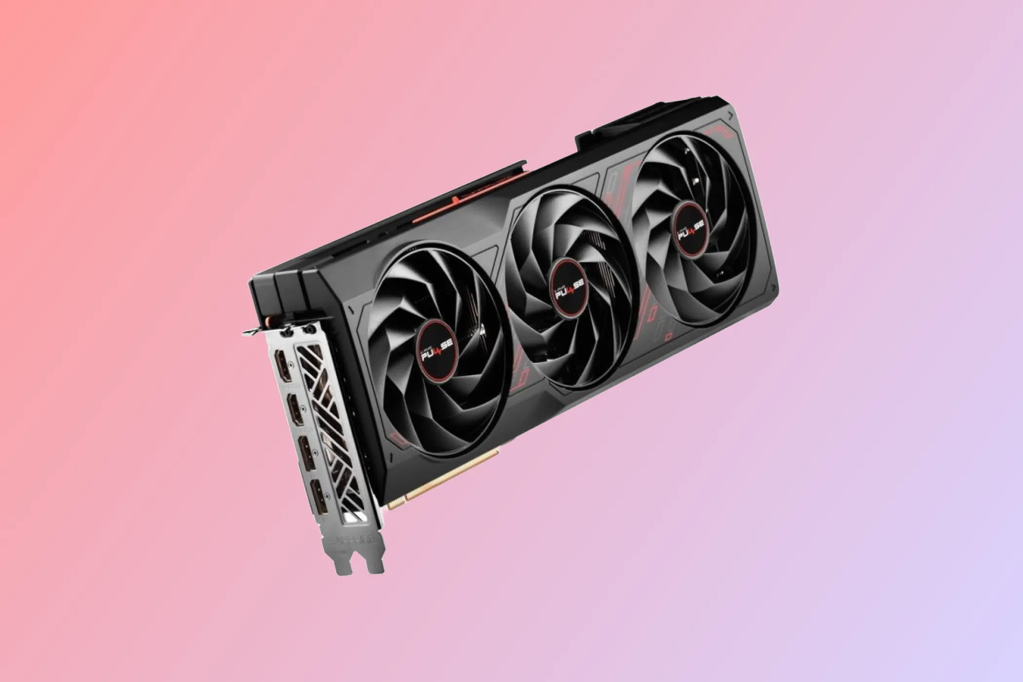 Card đồ họa SAPPHIRE PULSE Radeon RX 7900 GRE nổi bật trên nền ánh sáng hồng