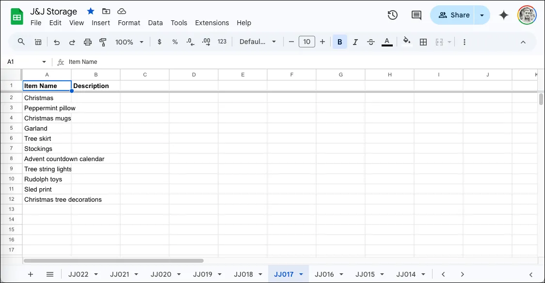 Cấu trúc Google Sheet với các tab phân loại thùng lưu trữ.