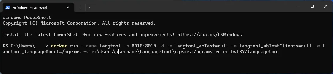Chạy ứng dụng Docker LanguageTool từ ứng dụng Windows Terminal, cho thấy sự tiện lợi của Docker.