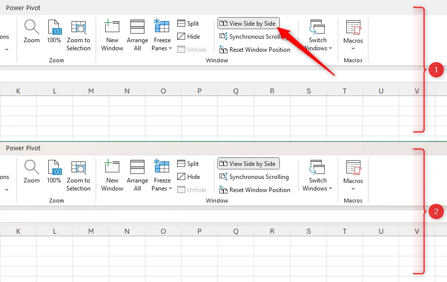 Chế độ xem Side By Side (Cạnh nhau) được kích hoạt trong Excel dành cho Windows, hiển thị hai bản sao của cùng một sổ làm việc được sắp xếp theo chiều ngang để dễ dàng so sánh.