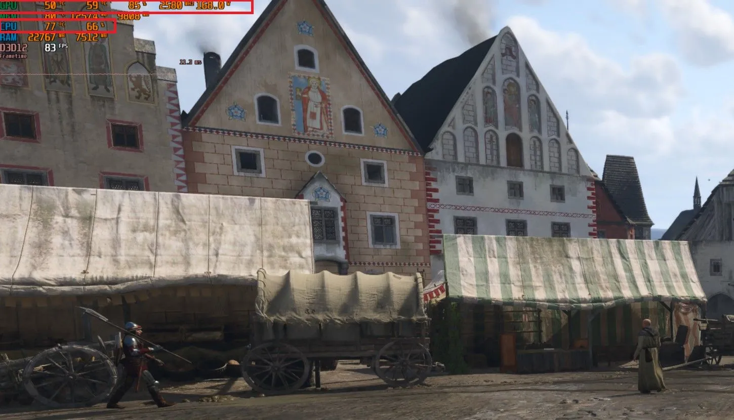 Chỉ số hiệu suất trong game Kingdom Come Deliverance II khi CPU bị nghẽn cổ chai, với mức sử dụng GPU thấp và CPU cao.