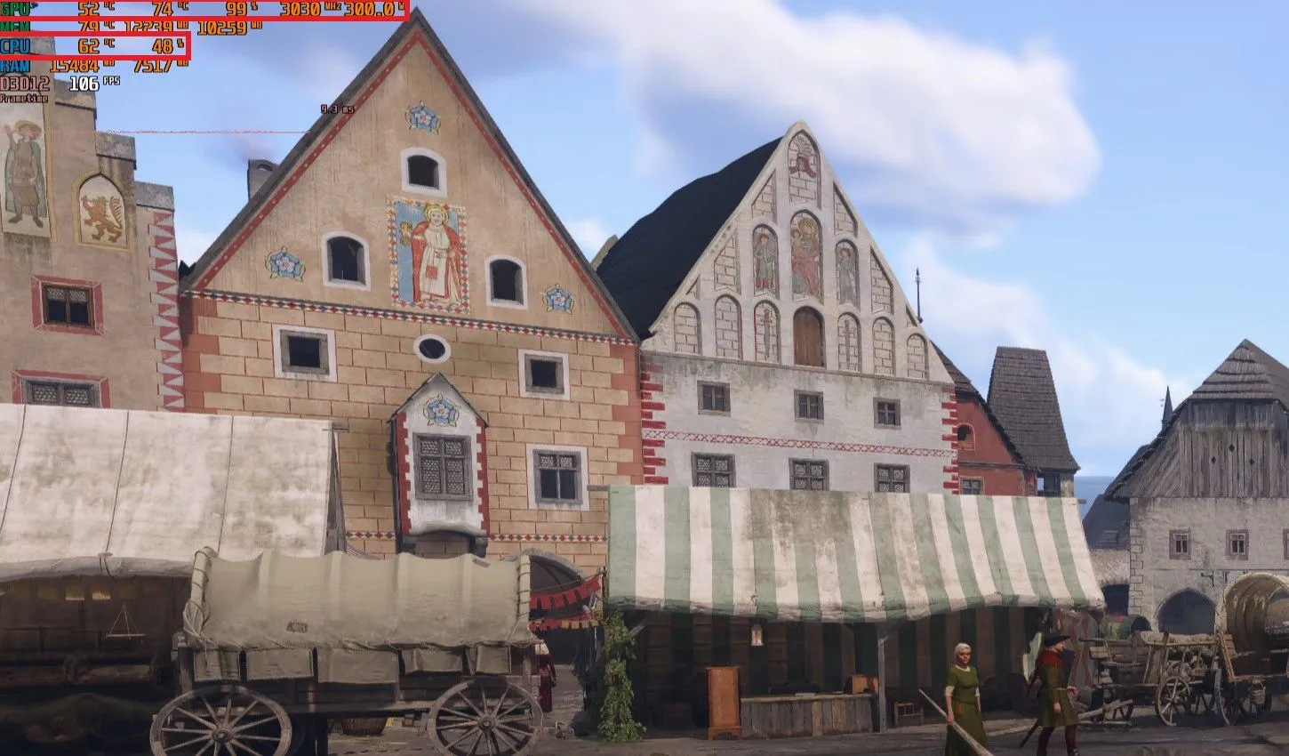 Chỉ số hiệu suất trong game Kingdom Come Deliverance II sau khi nâng cấp CPU, cho thấy mức sử dụng GPU tối ưu 99% và cải thiện khung hình đáng kể.