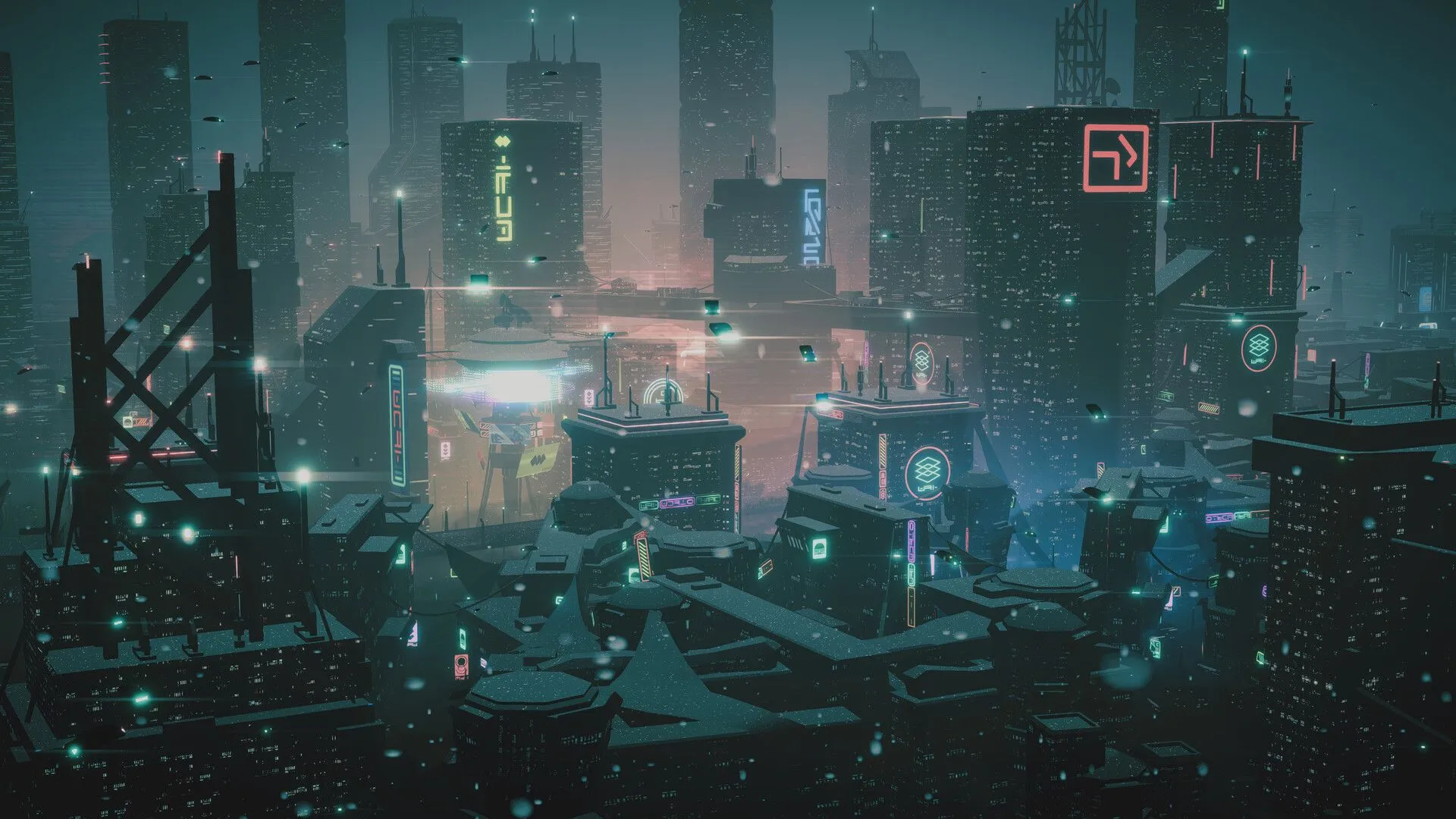 Chi tiết một khu vực thành phố Dystopika với biển quảng cáo neon tùy chỉnh và ánh sáng rực rỡ.