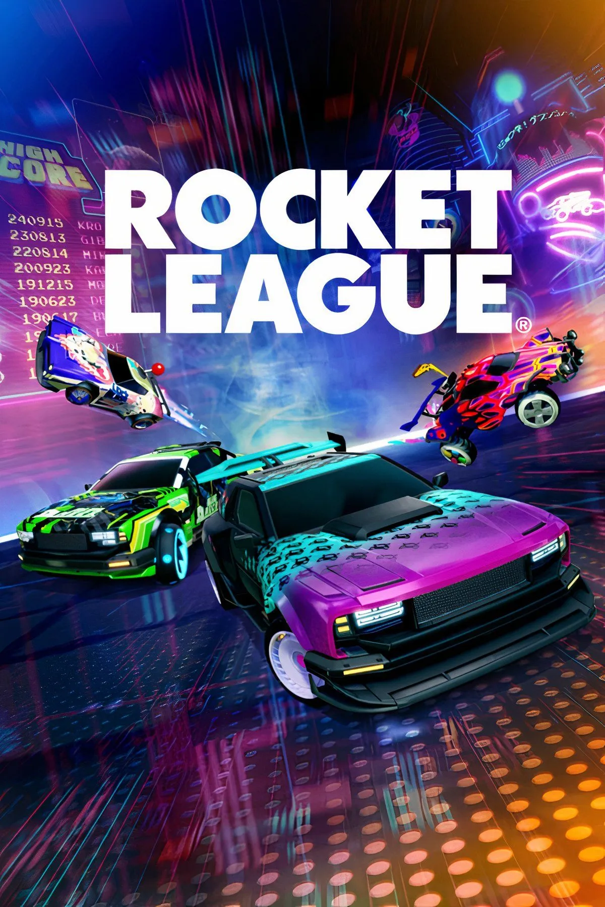 Chiếc ô tô tên lửa trong Rocket League đang bay lên cao để đánh bóng vào khung thành khổng lồ