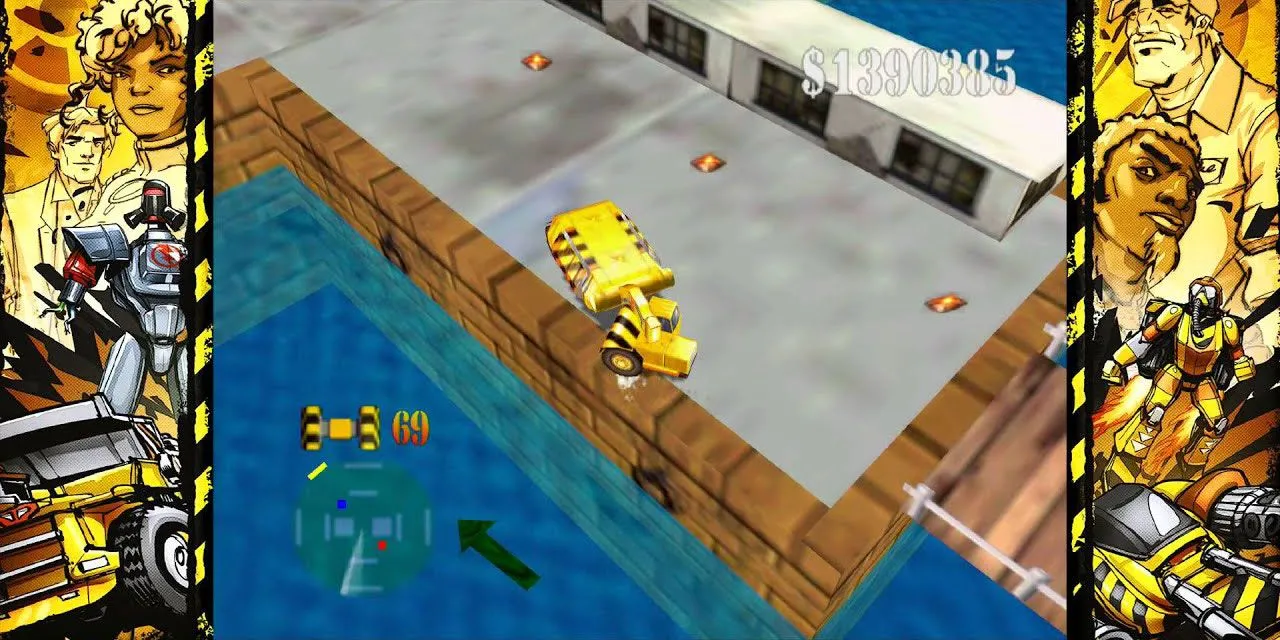 Chiếc xe phá hủy trong Blast Corps đang lao qua một tòa nhà và tạo ra một vụ nổ lớn.
