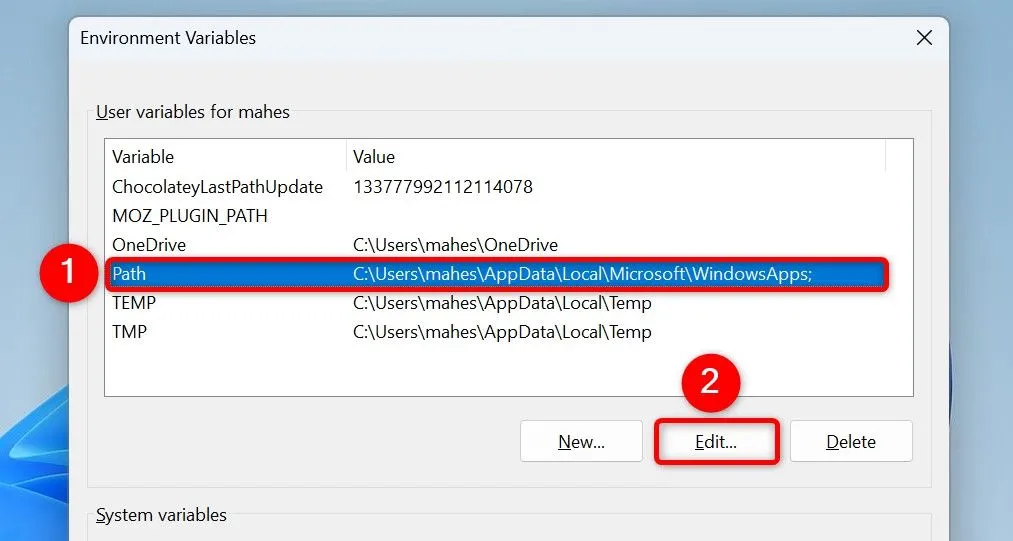 Chỉnh sửa biến môi trường Path cho tài khoản người dùng Windows