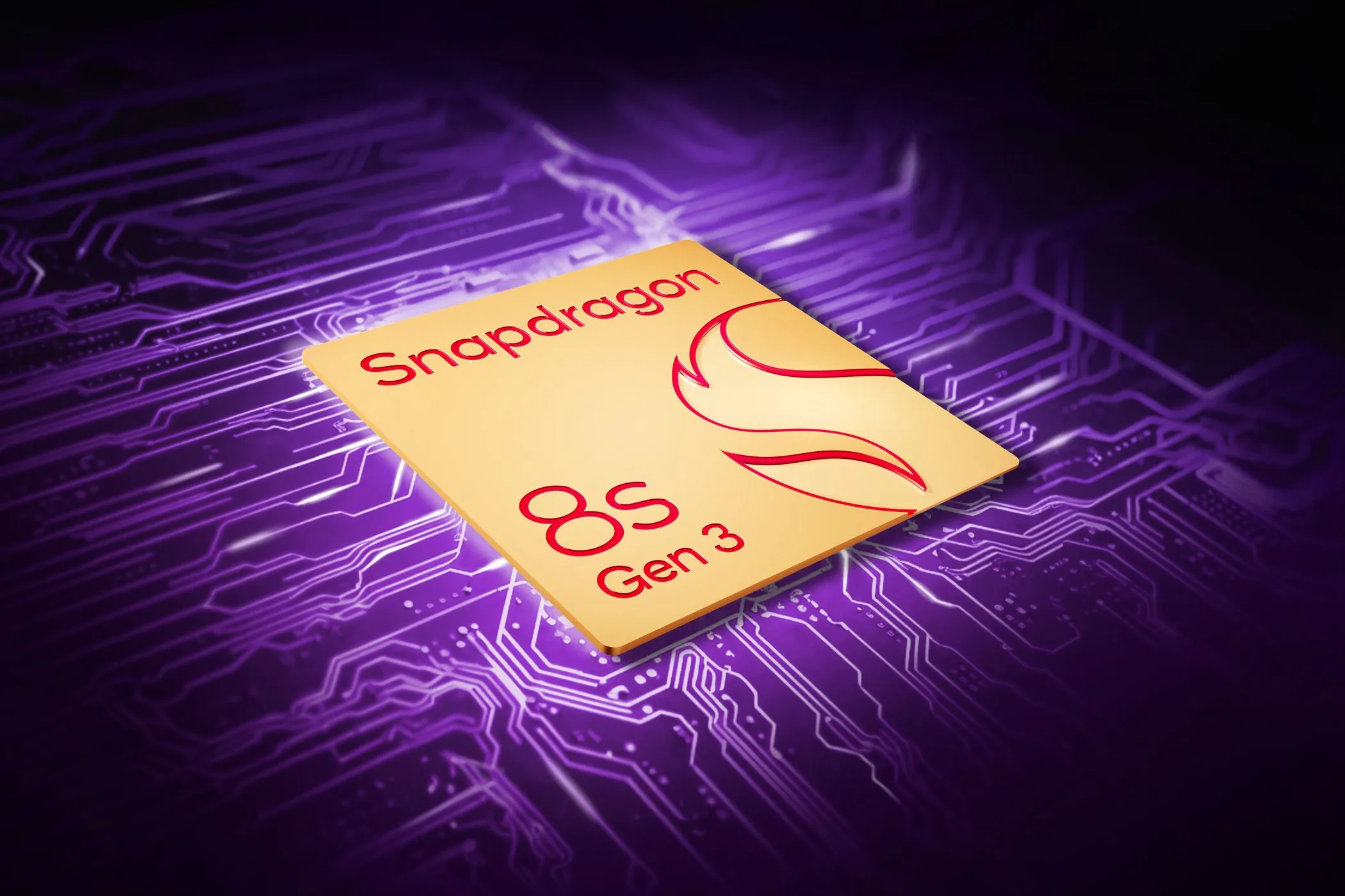 Chip Snapdragon 8S Gen 3 được đặt trên nền bảng mạch màu tím, biểu trưng cho hiệu suất cao.