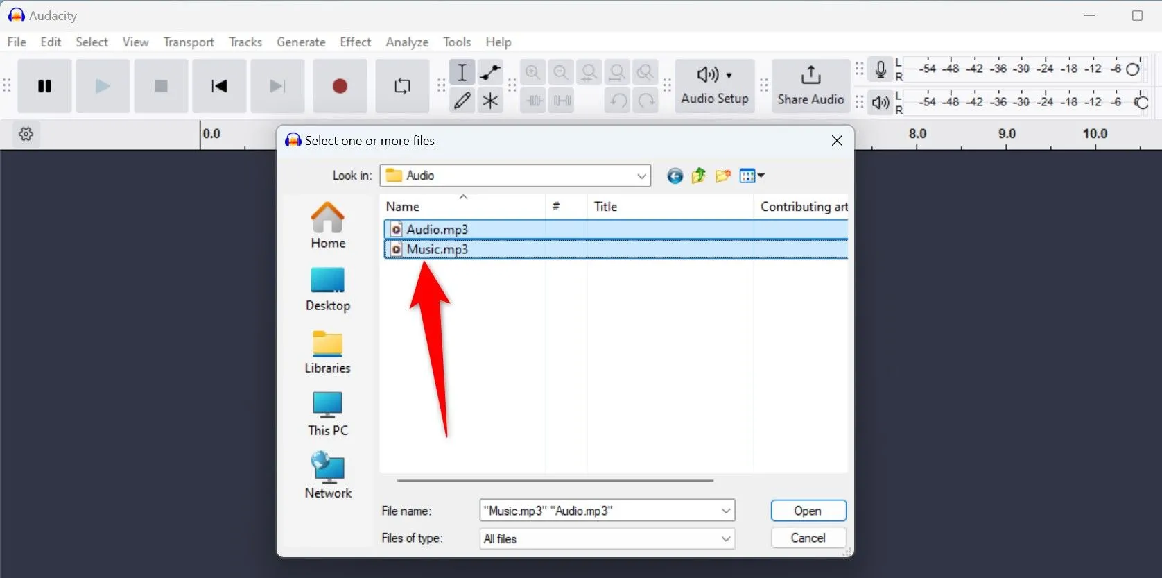 Chọn các file âm thanh cần ghép trong cửa sổ Audacity