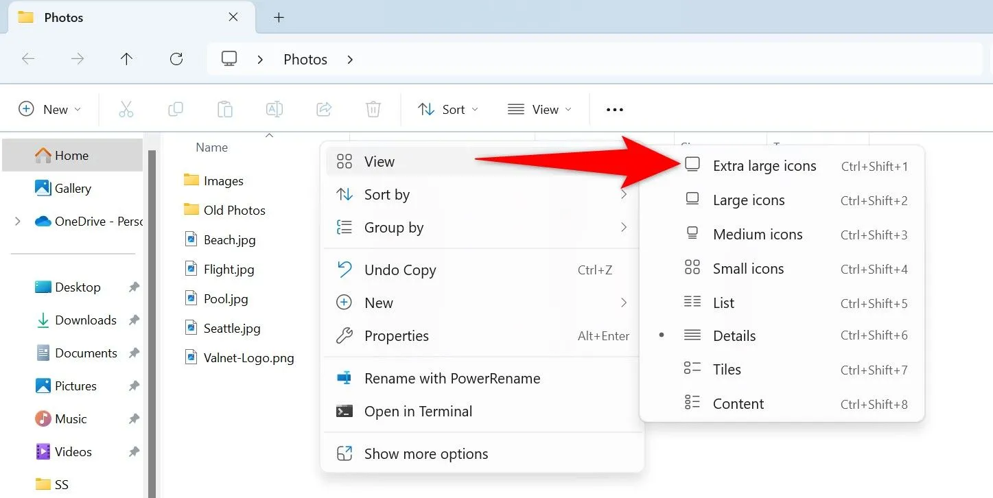Chọn chế độ hiển thị Extra Large Icons từ menu View trong File Explorer để xem trước hình ảnh file.