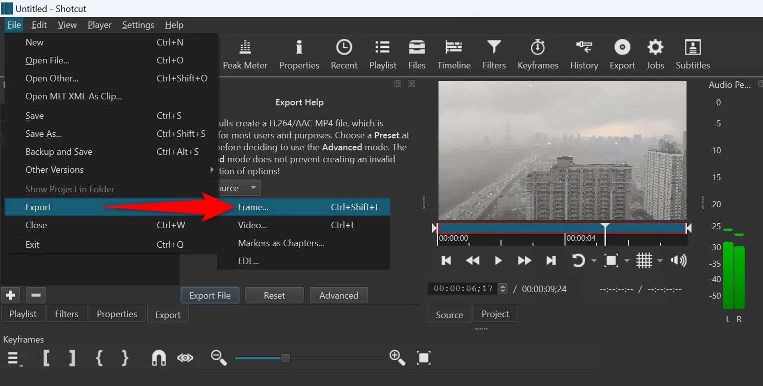 Chọn &quot;Export &gt; Frame&quot; từ menu File trong Shotcut để xuất khung hình video.
