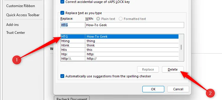 Chọn một mục AutoCorrect trong Word và nút Delete được làm nổi bật để xóa mục đó.