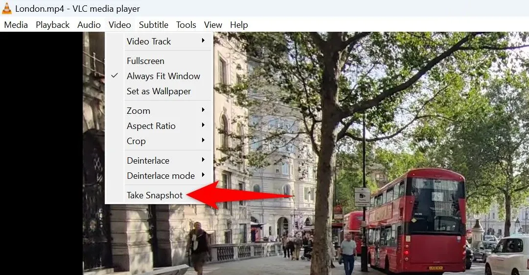 Chọn &quot;Take Snapshot&quot; (Chụp ảnh nhanh) trong menu Video của VLC Media Player.