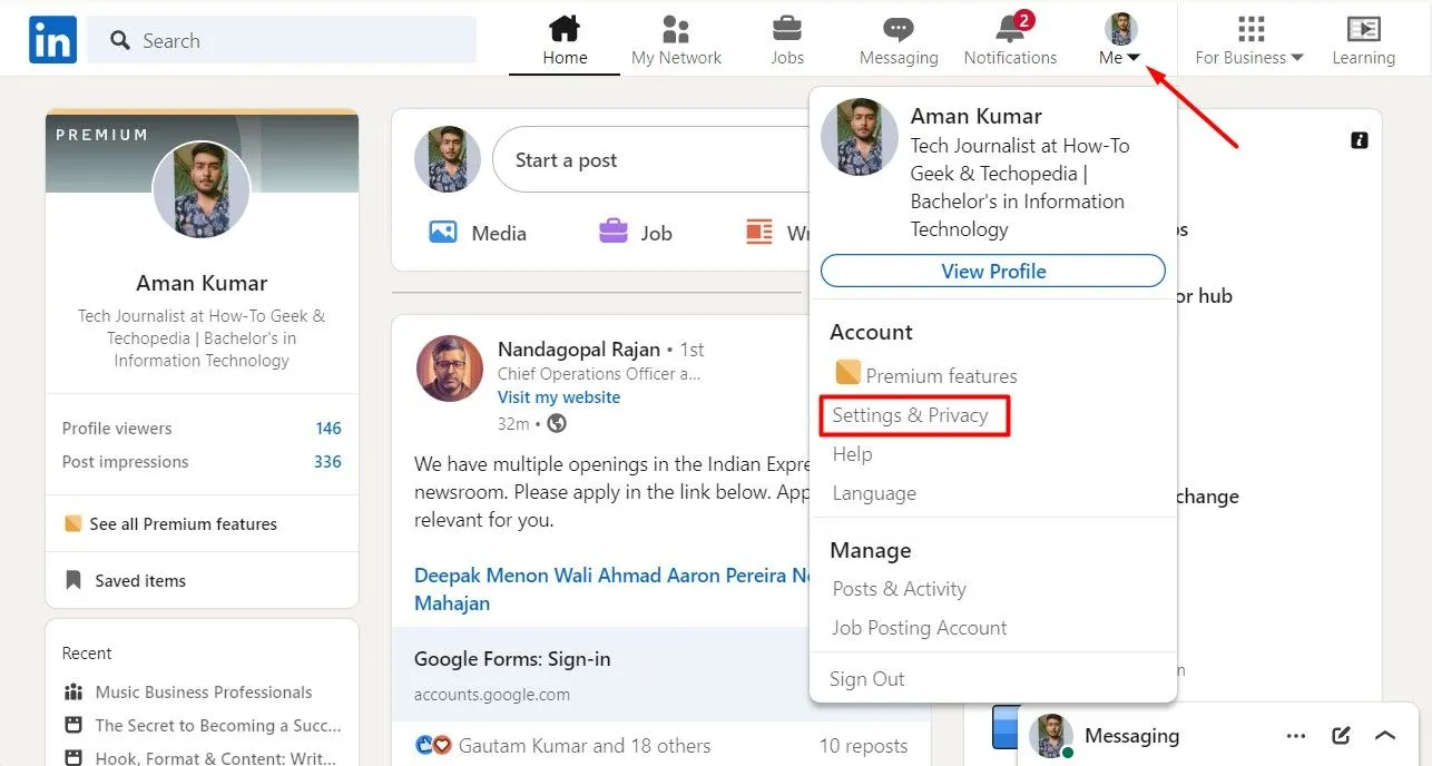 Chọn "Tôi" và "Cài đặt & Quyền riêng tư" trên LinkedIn để truy cập cài đặt quyền riêng tư.