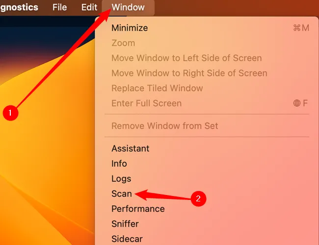 Chọn 'Utilities' từ menu 'Window' trong Wireless Diagnostics để truy cập công cụ quét Wi-Fi.