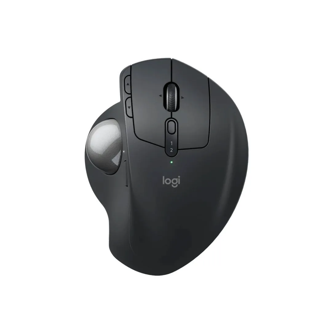 Chuột bi lăn Logitech MX Ergo S màu đen trên nền trắng, nổi bật thiết kế ergonomic.