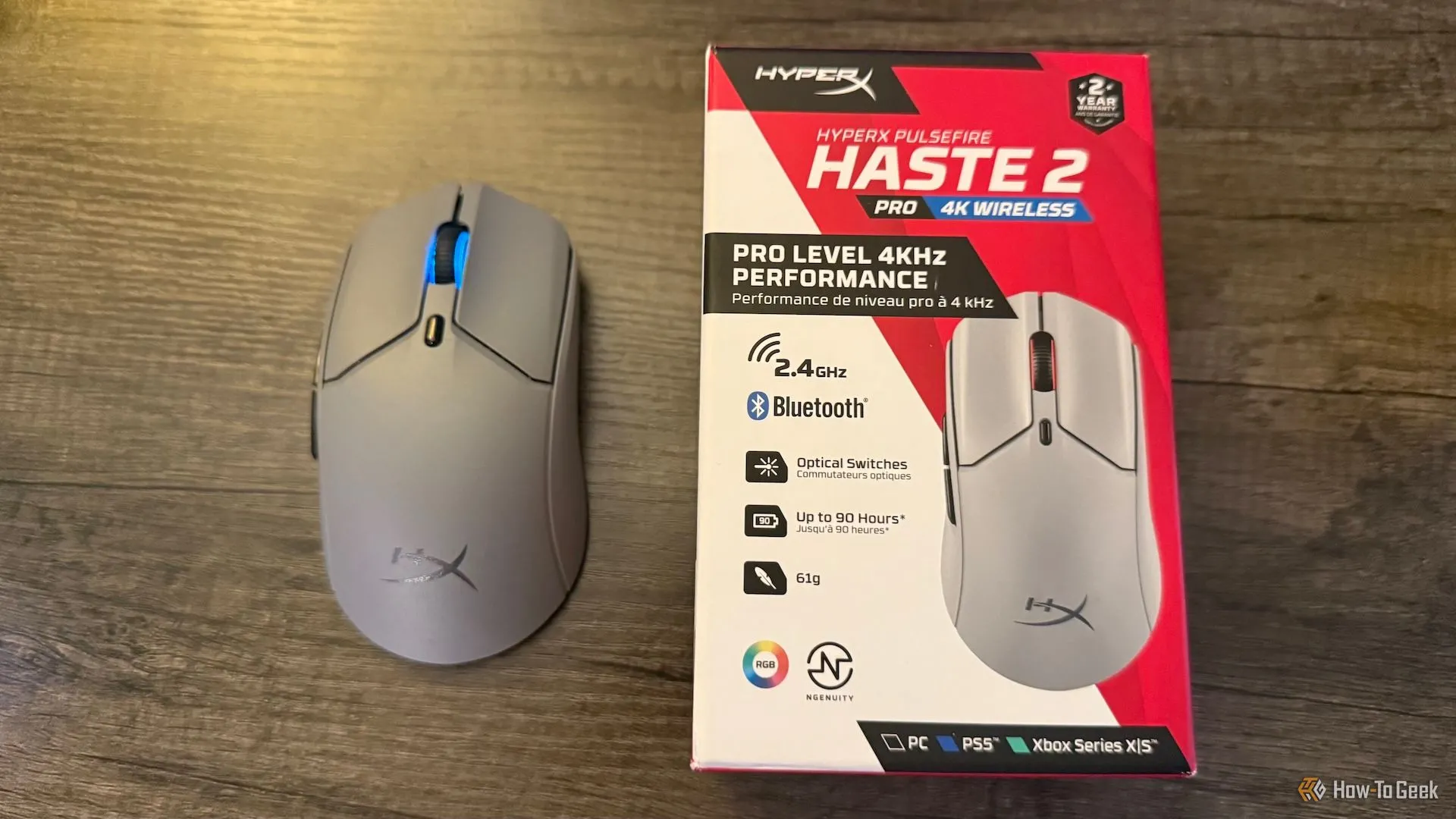 Chuột HyperX Pulsefire Haste 2 Pro và hộp sản phẩm, gợi ý về phụ kiện đi kèm.