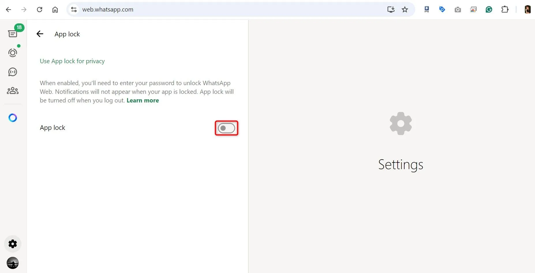 Chuyển đổi bật tính năng Khóa ứng dụng trong cài đặt WhatsApp Web