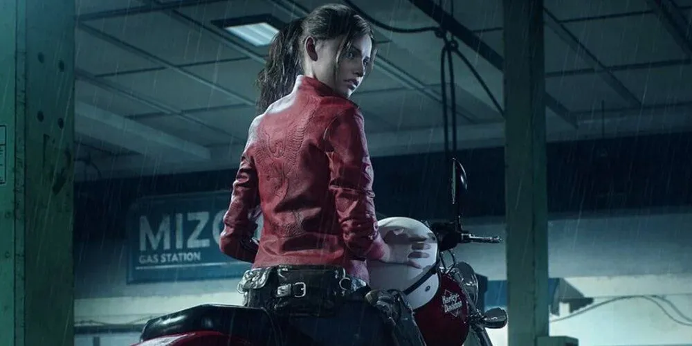 Claire cưỡi mô tô trong game Resident Evil 2, thể hiện sự năng động và quyết tâm của nhân vật.