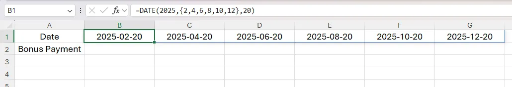 Công thức mảng động được dùng trong ô B1 trong Excel, với ngoặc nhọn và dấu phẩy làm cho kết quả tràn ngang hàng 1